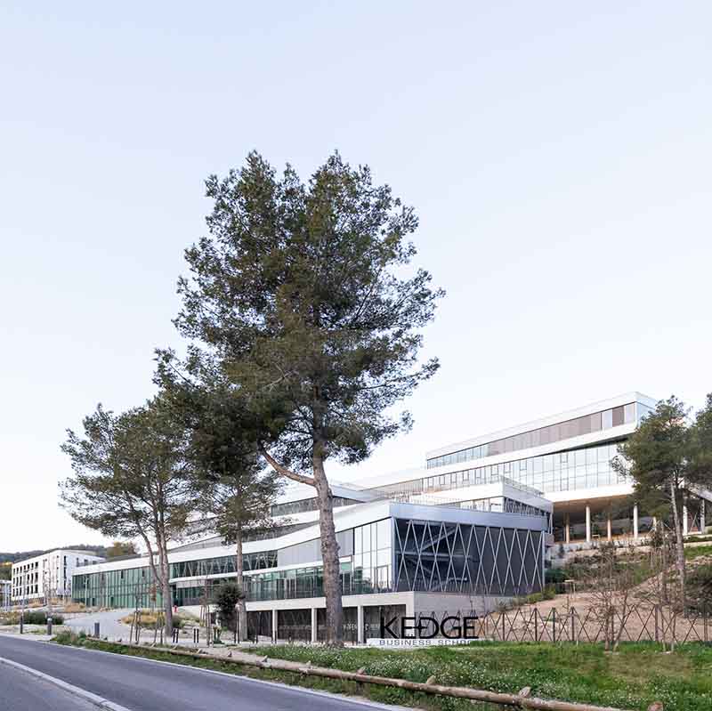 Photographie d'architecture moderne du campus Kedge Business School à Marseille Luminy, avec ses façades vitrées parmi les pins.