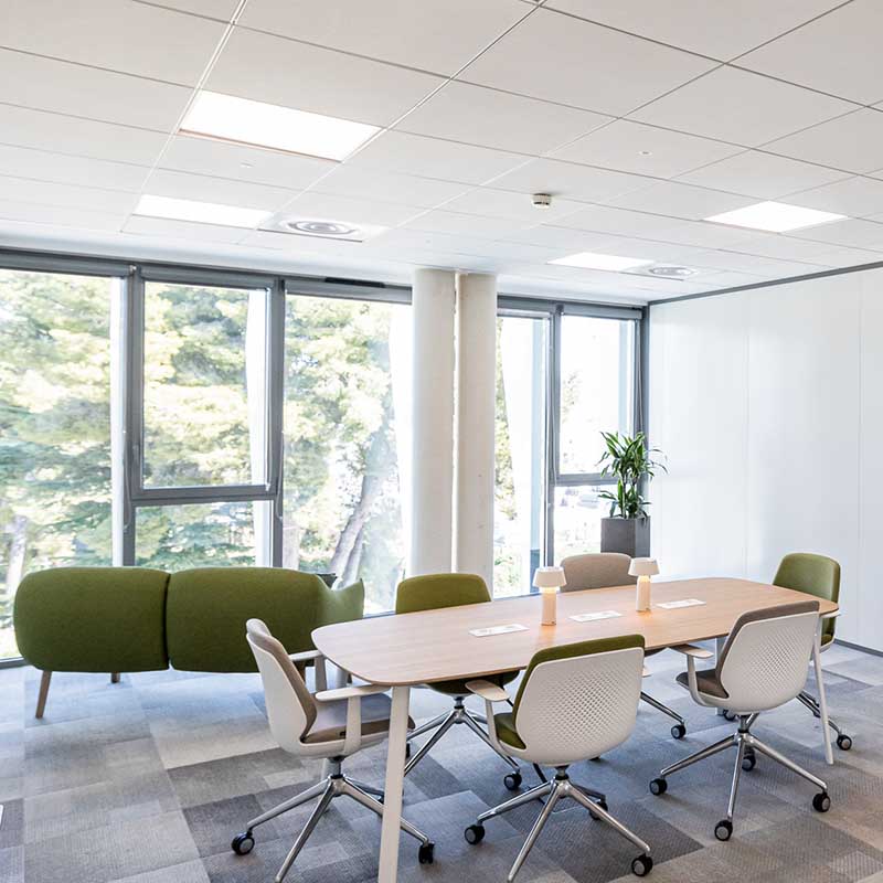 Photographe bureaux Marseille : salle de réunion lumineuse avec table en bois, chaises design et vue sur parc arboré.